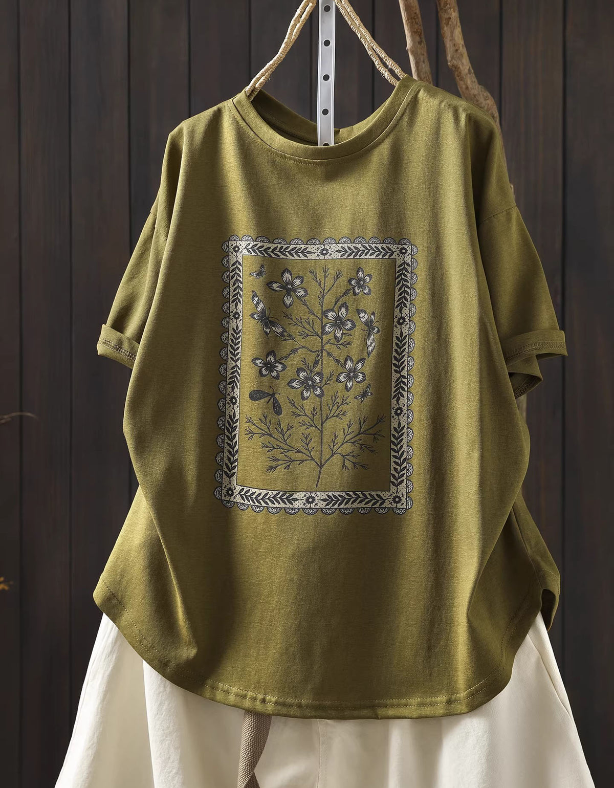 Soft Olive Green Floral Art Print Casual T-Shirt