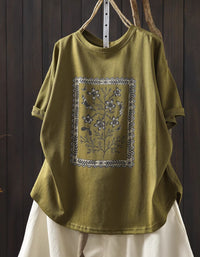 Soft Olive Green Floral Art Print Casual T-Shirt