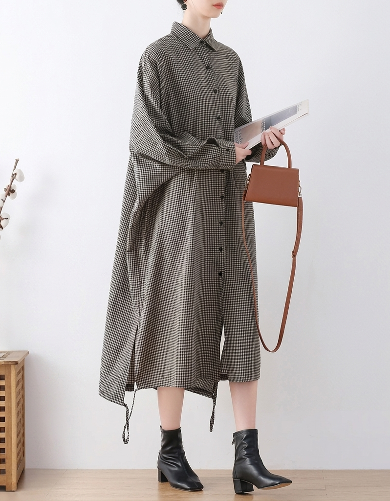 Oversized Plaid Shirt Dress Women Button Down Midi Casual