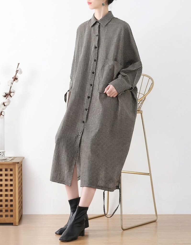 Women Checkered Shirt Dress Long Sleeve Oversized Midi