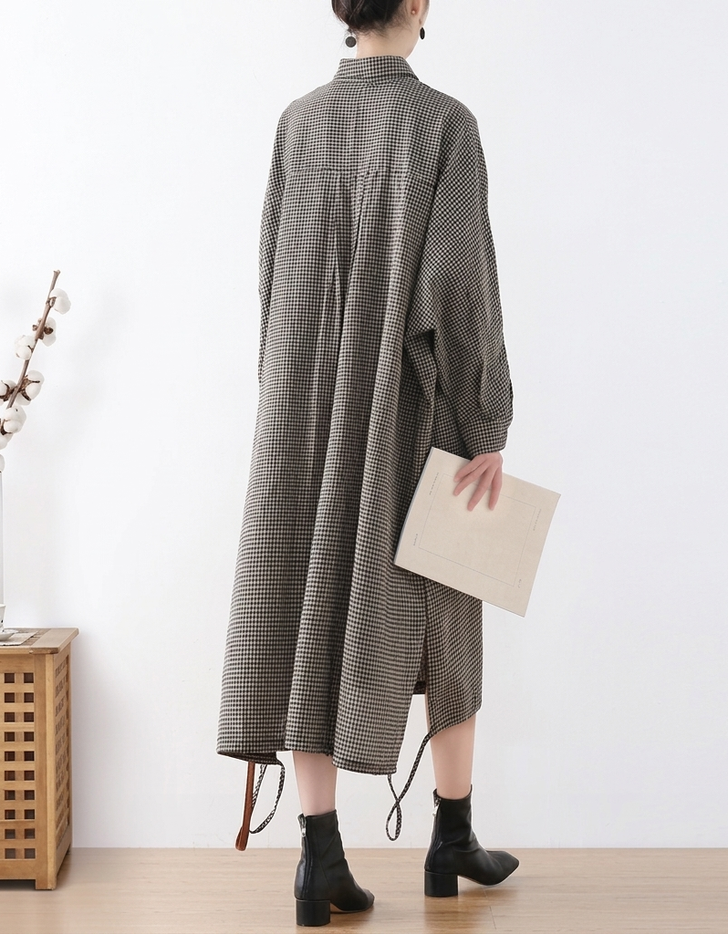 Back view oversized plaid midi shirt dress relaxed fit women