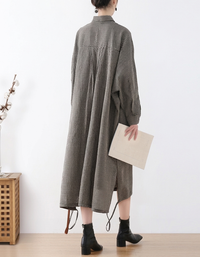 Back view oversized plaid midi shirt dress relaxed fit women