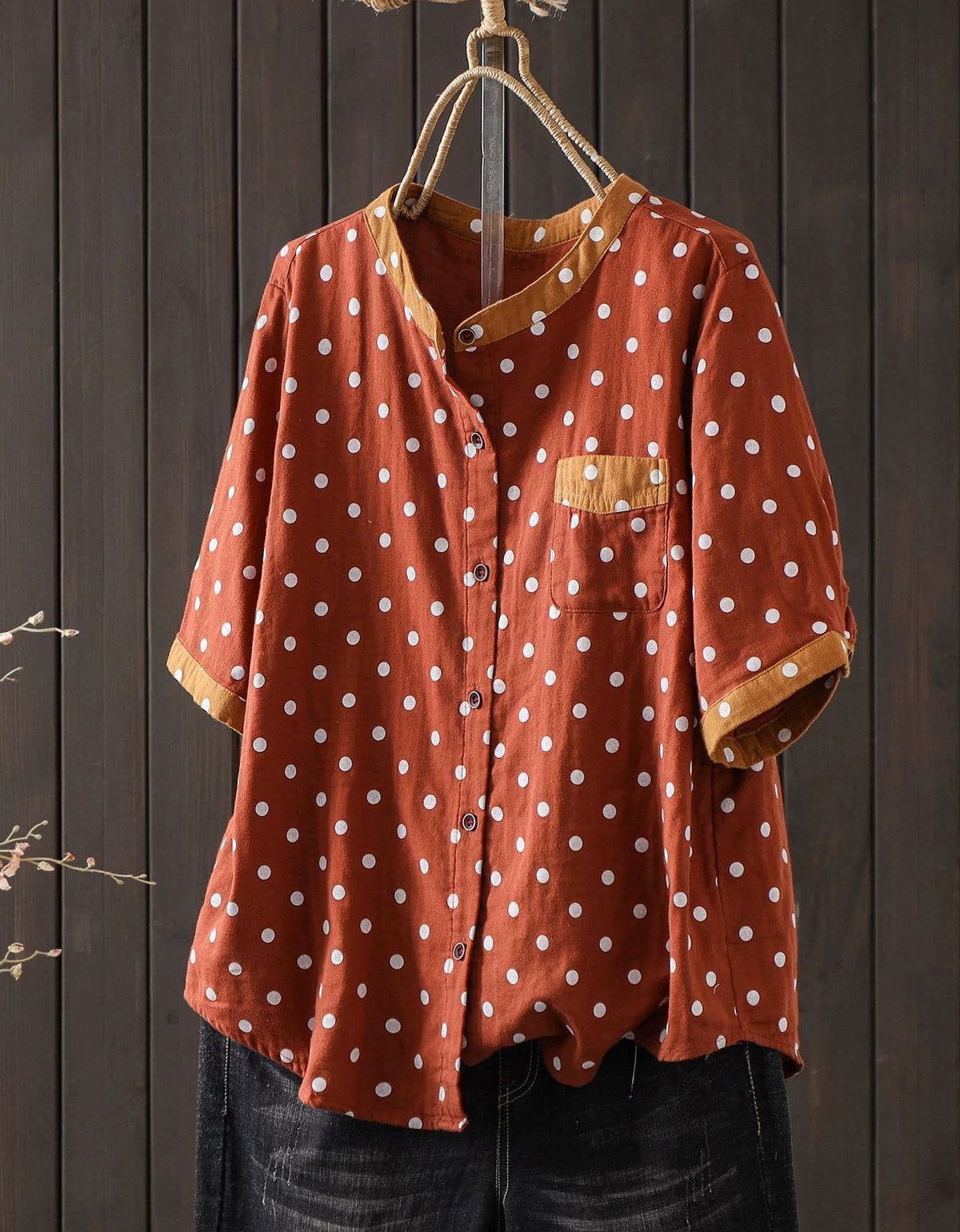 Vintage style polka dot cotton linen casual blouse