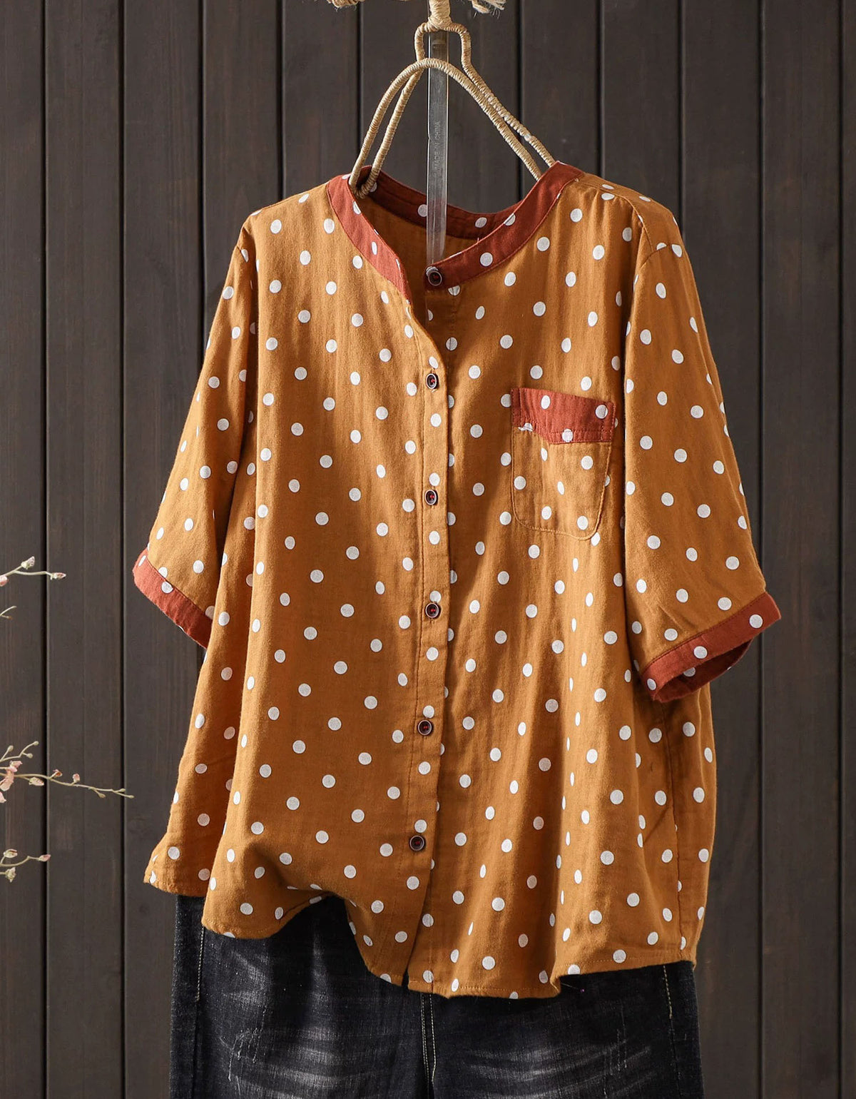 Oversized black polka dot button-up women shirt