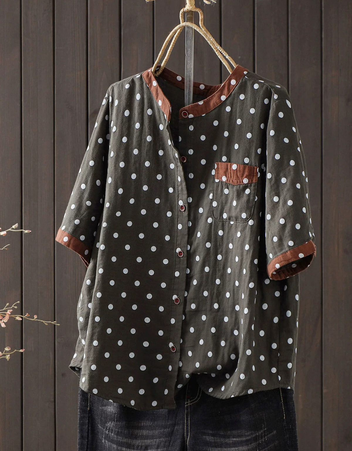 Loose-fit women white blouse with black dot print