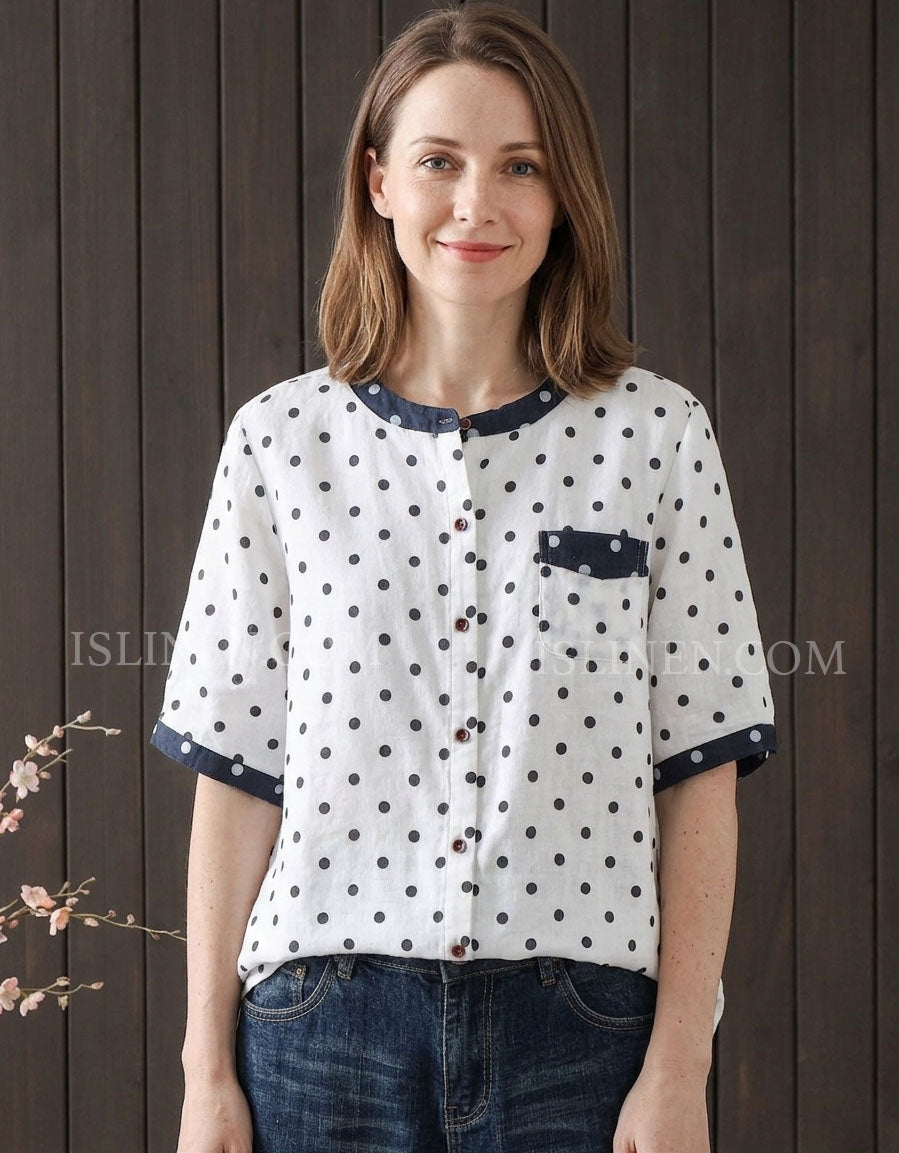 Women Casual Polka Dot Loose Button Linen Blouse