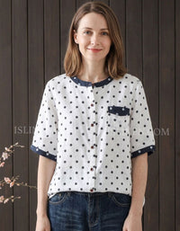 Women Casual Polka Dot Loose Button Linen Blouse