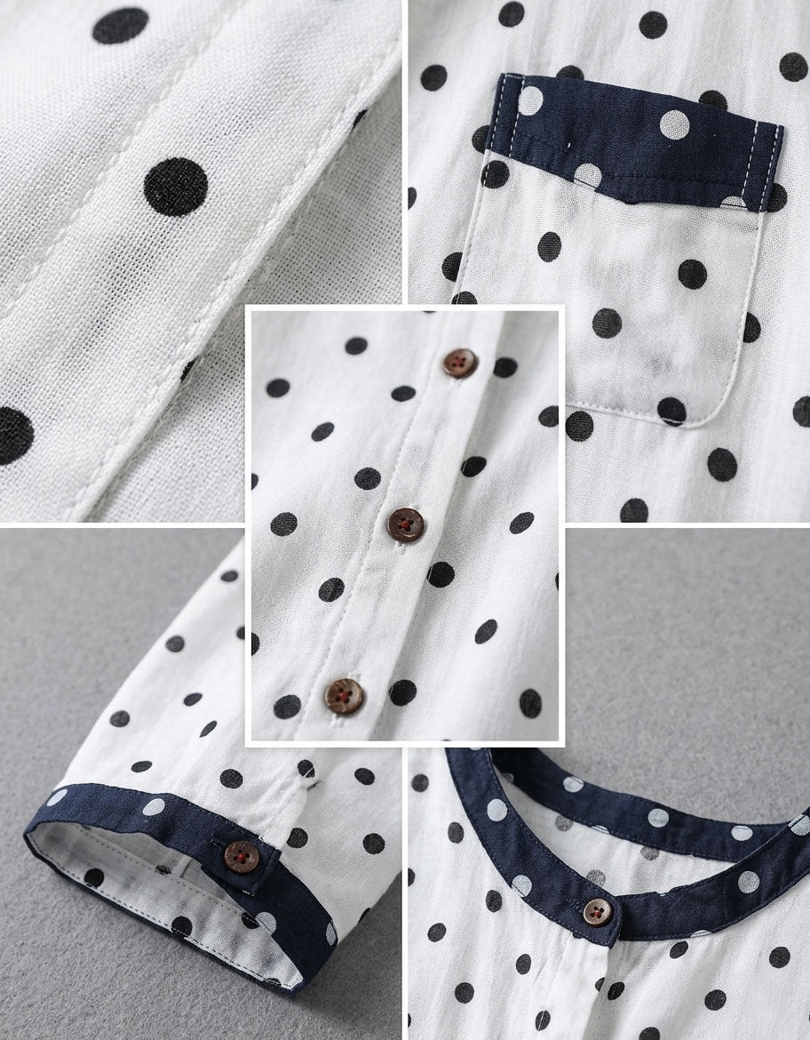 Women Vintage Polka Dot Cotton Linen Button-Up Blouse