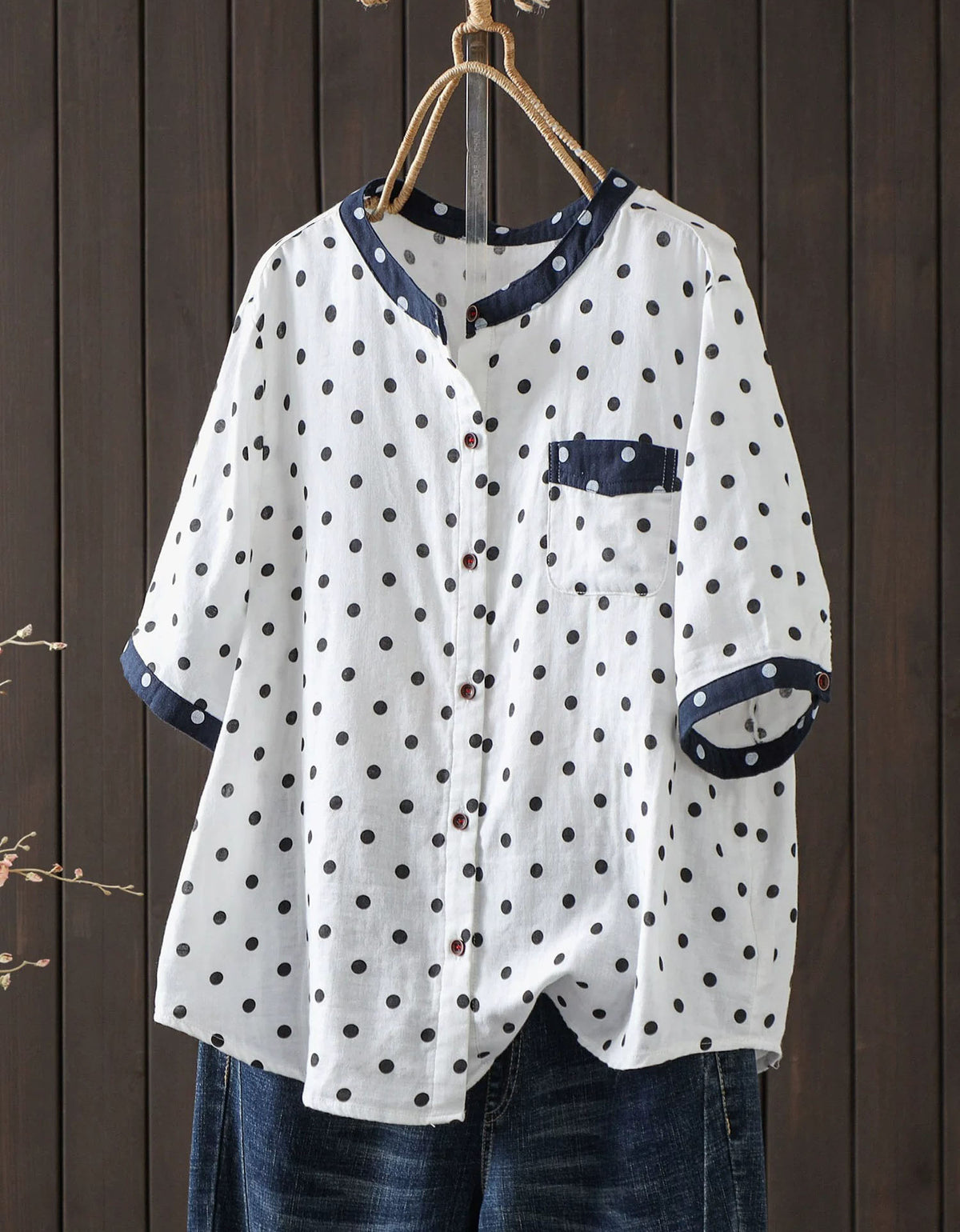 Women casual white polka dot loose linen blouse front view