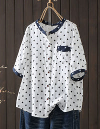 Women casual white polka dot loose linen blouse front view