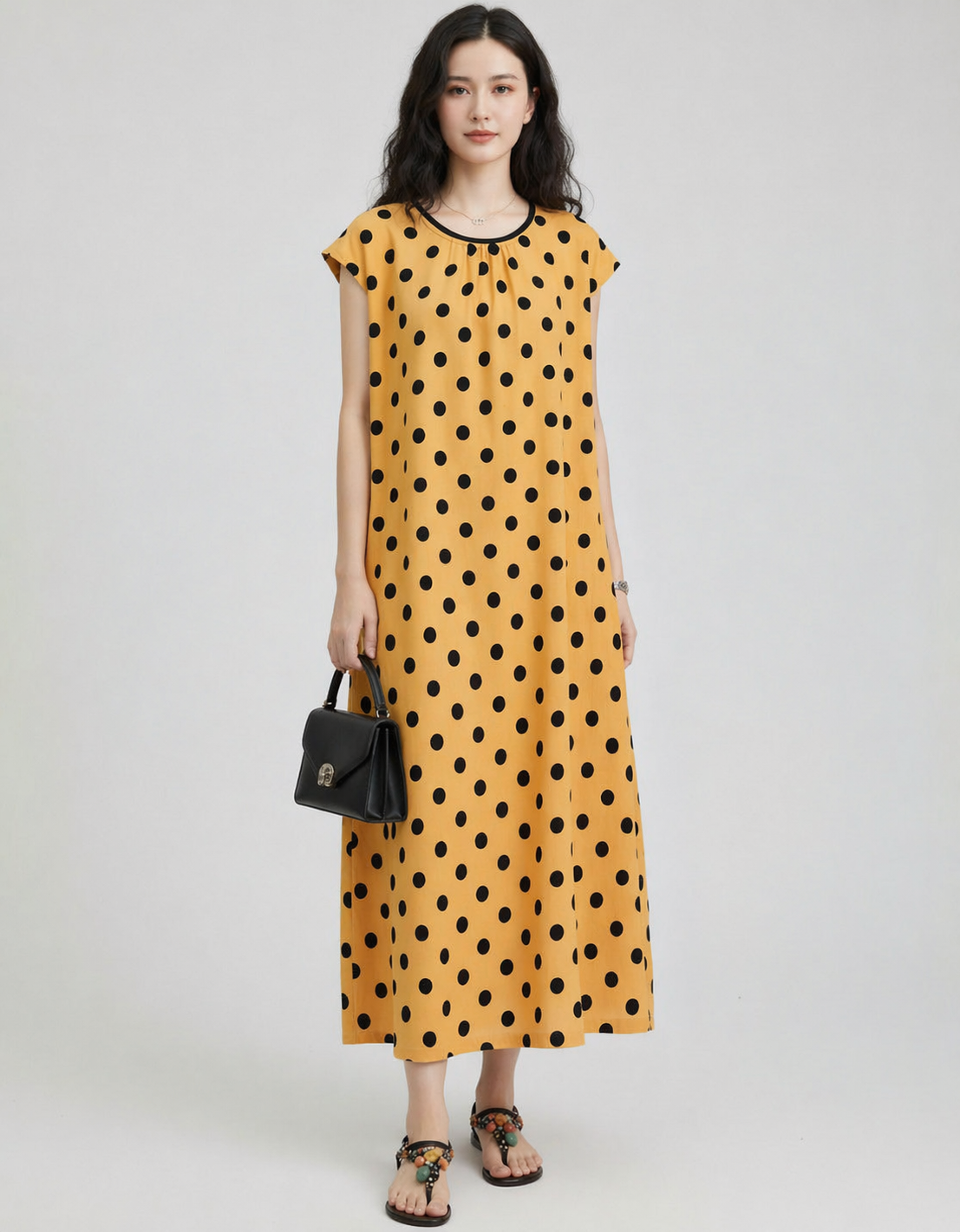 Women’s Yellow Polka Dot Maxi Dress – Casual Loose Fit Summer Dress