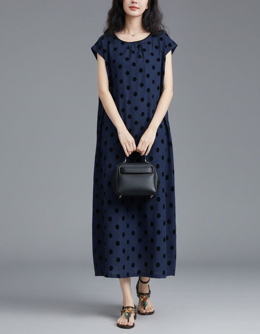 Polka Dot Maxi Dress for Women – Navy Sleeveless Casual Long Dress