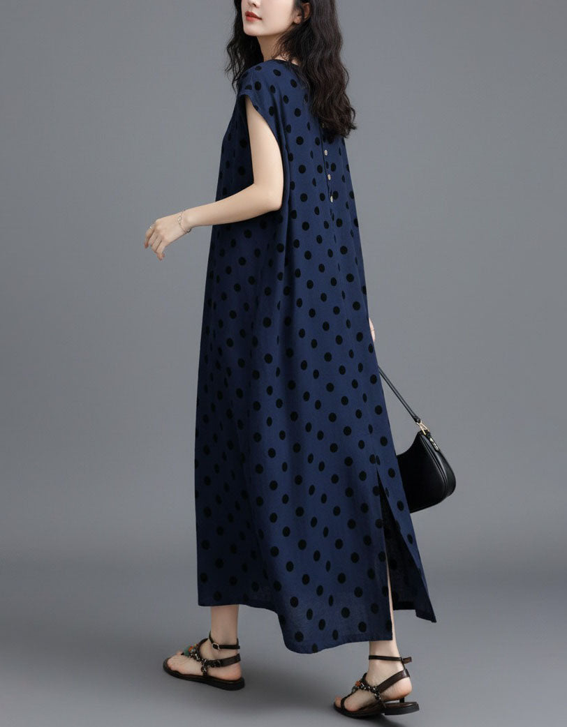 Women’s navy polka dot maxi dress loose fit full length back view