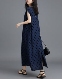 Women’s navy polka dot maxi dress loose fit full length back view