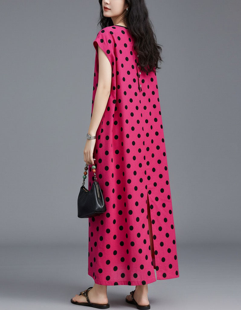 Women’s pink polka dot maxi dress loose fit full length back view