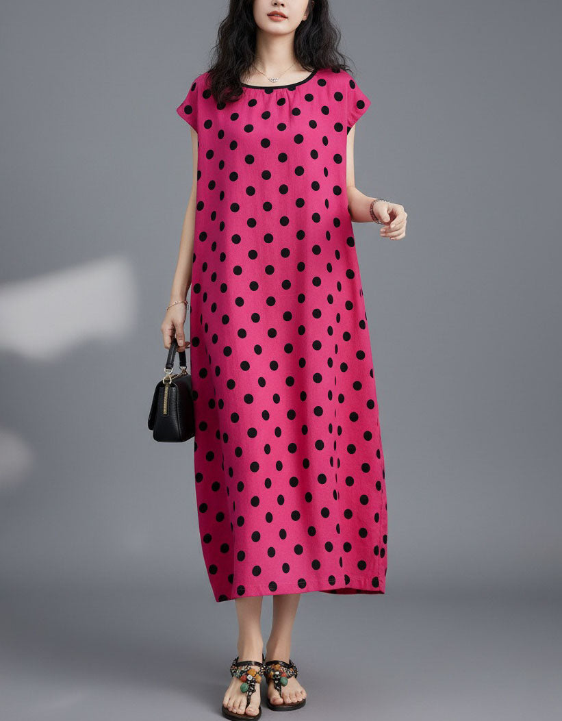 Women’s Pink Polka Dot Maxi Dress – Casual Loose Fit Summer Dress