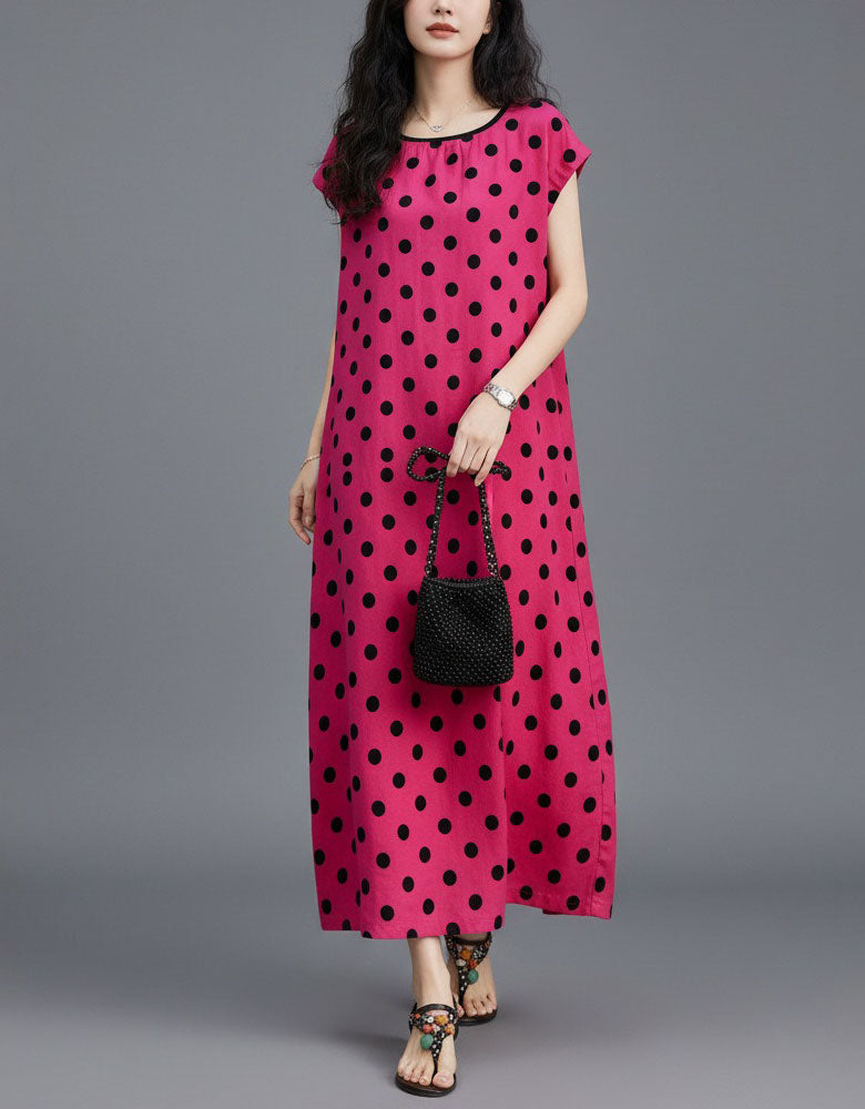 Women’s Casual Pink Maxi Dress – Loose Fit Polka Dot Summer Dress