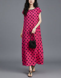 Women’s Casual Pink Maxi Dress – Loose Fit Polka Dot Summer Dress