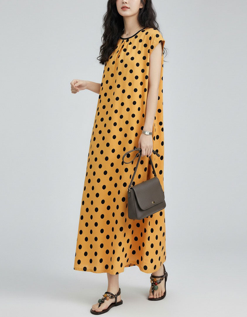 Women’s Casual Yellow Maxi Dress – Loose Fit Polka Dot Summer Dress