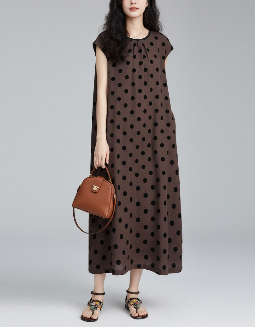 Polka Dot Maxi Dress for Women – Coffee Sleeveless Casual Long Dress