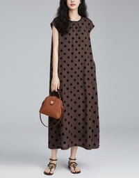 Polka Dot Maxi Dress for Women – Coffee Sleeveless Casual Long Dress
