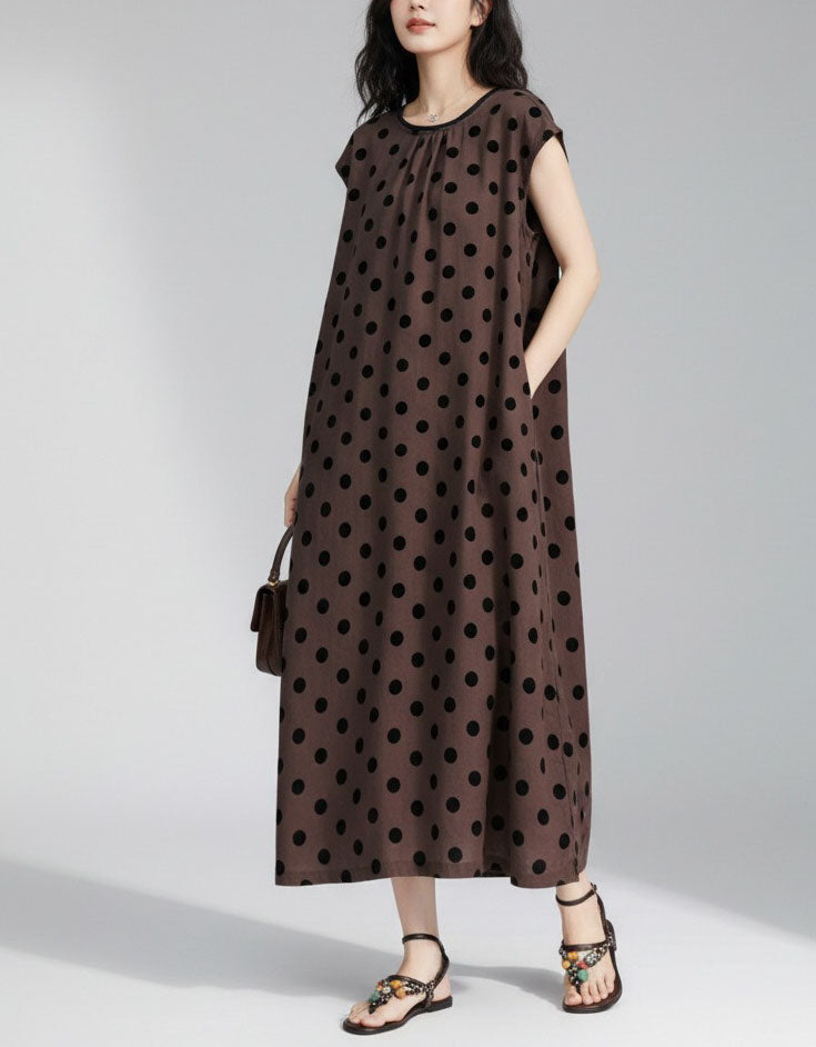 Women’s Loose Fit Polka Dot Dress – Coffee Summer Maxi Dress