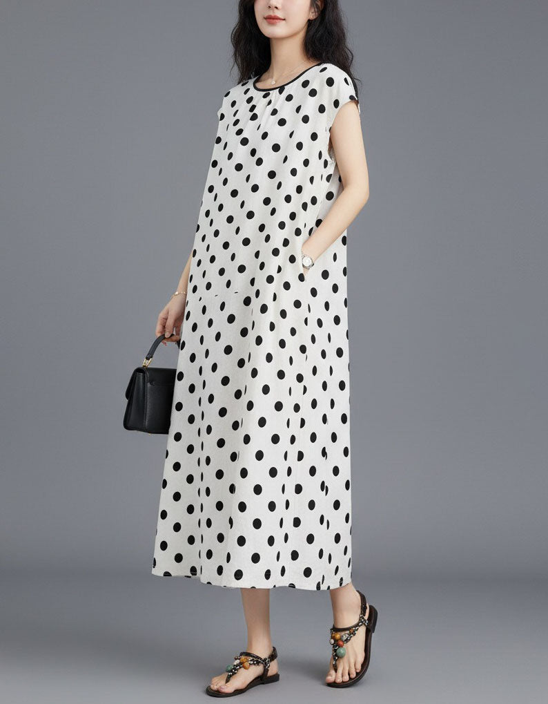 Polka Dot Maxi Dress for Women – White Sleeveless Casual Long Dress