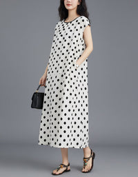 Polka Dot Maxi Dress for Women – White Sleeveless Casual Long Dress