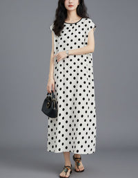 Women’s Loose Fit Polka Dot Dress – White Summer Maxi Dress