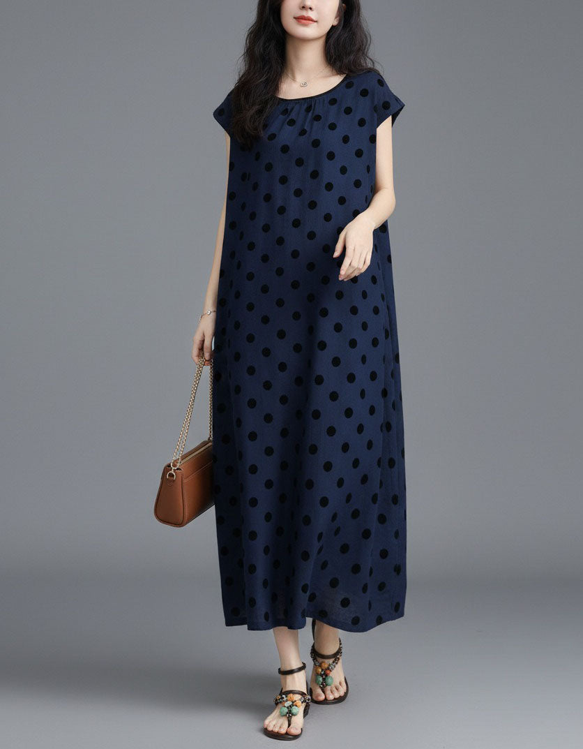 Vintage Polka Dot Dress – Women’s Navy Midi Maxi Casual Dress