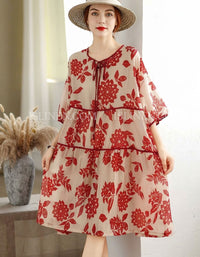Women's Floral Print Linen Blend Midi Summer Dress