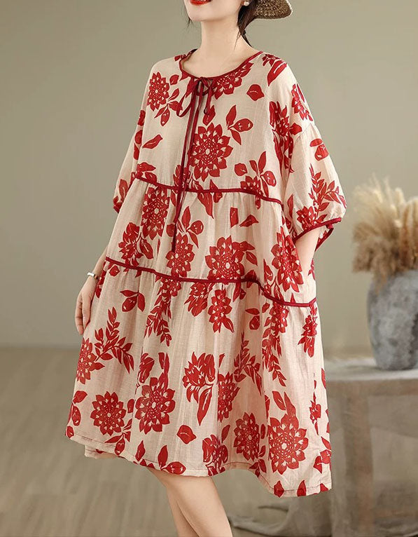 Vintage Floral Loose Fit Linen Casual Midi Dress