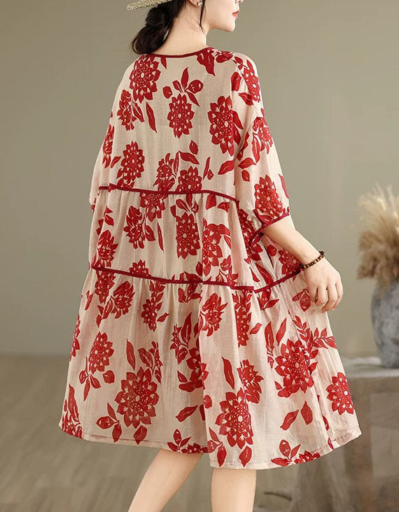 Boho Floral Print Linen Dress for Women Summer