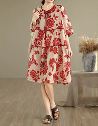 Elegant Floral Linen Blend Dress with Pockets