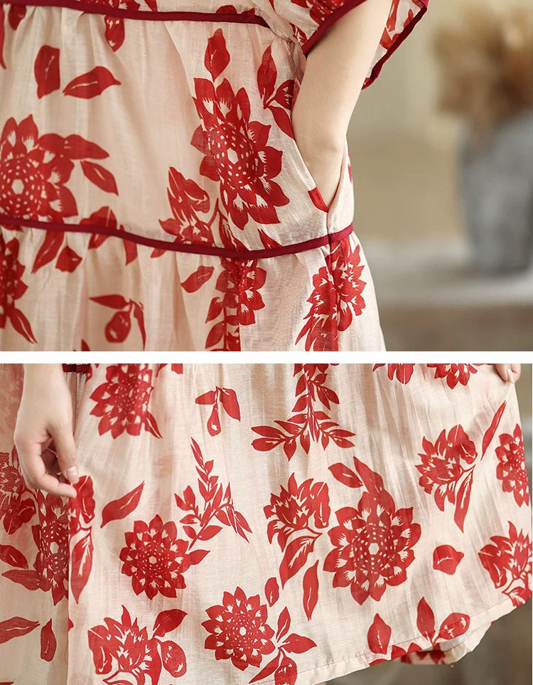 Casual Floral Midi Dress Lightweight Linen Blend
