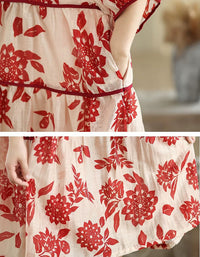 Casual Floral Midi Dress Lightweight Linen Blend