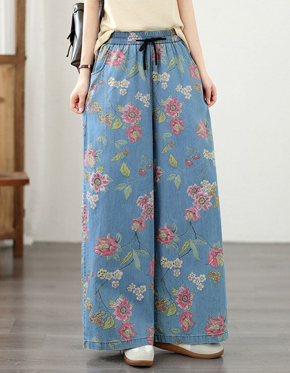 Blue floral palazzo jeans for women with relaxed loose fit silhouette