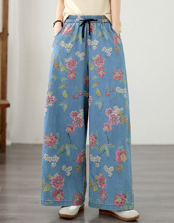Women’s vintage floral wide leg denim pants with elastic drawstring waist