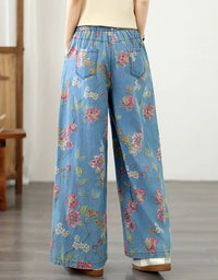 Floral print palazzo denim pants styled with comfortable everyday fashion
