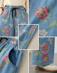 Women’s loose fit floral jeans with high waist elastic waistband