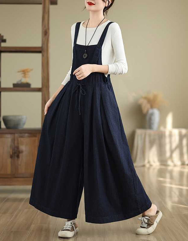 Women Retro Wide Leg Denim Jumpsuit