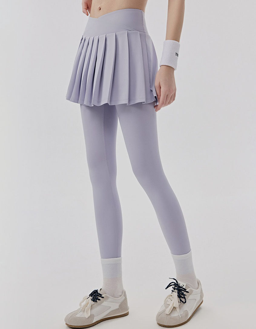 Purple skirt over leggings women sporty outfit