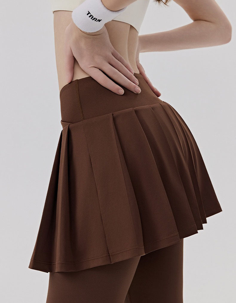 Back view of brown high waist white skort leggings slim stretch fit