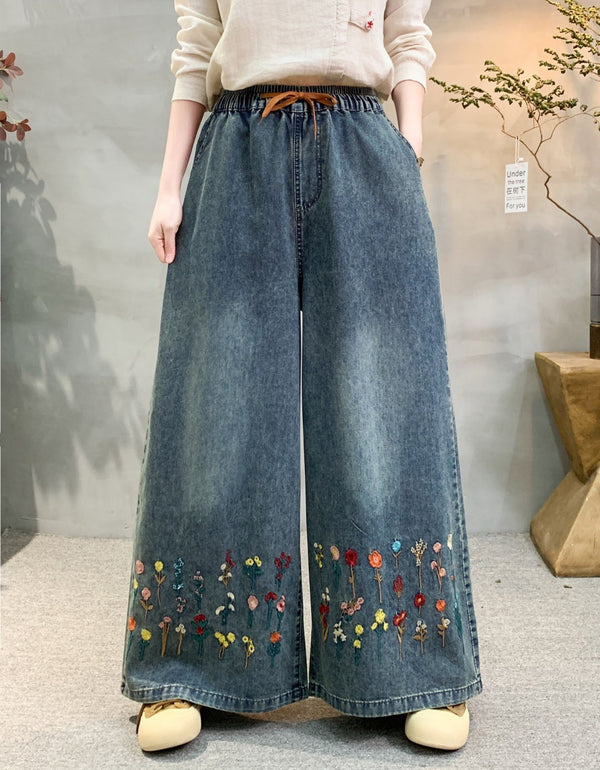 Women Floral Embroidered Wide Leg Denim Pants