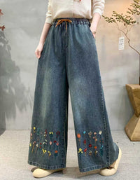 Casual Wide Leg Denim Pants Women Floral