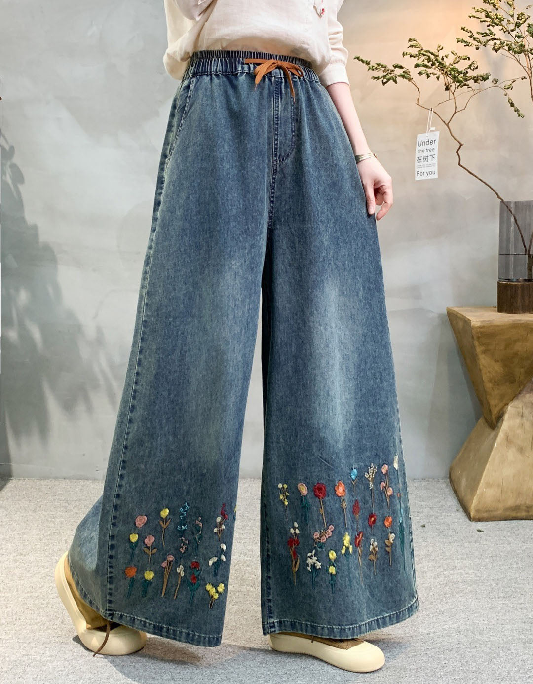 Women Boho Embroidered Loose Denim Trousers