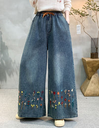 Women Vintage Floral Embroidered Denim Pants