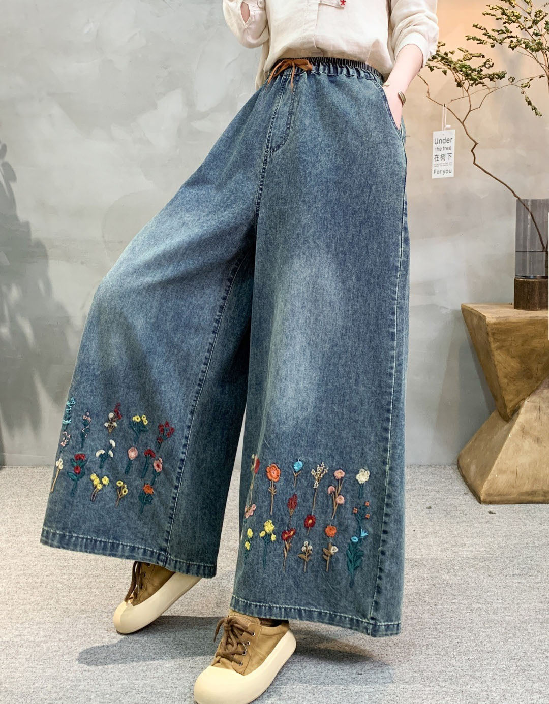 Floral Embroidered Denim Culottes Women