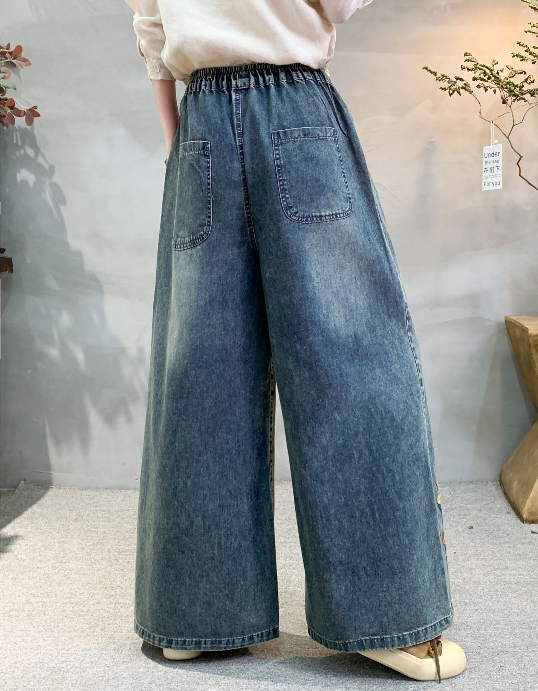 Women Elastic Waist Wide Leg Denim Pants