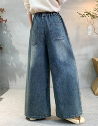 Women Elastic Waist Wide Leg Denim Pants